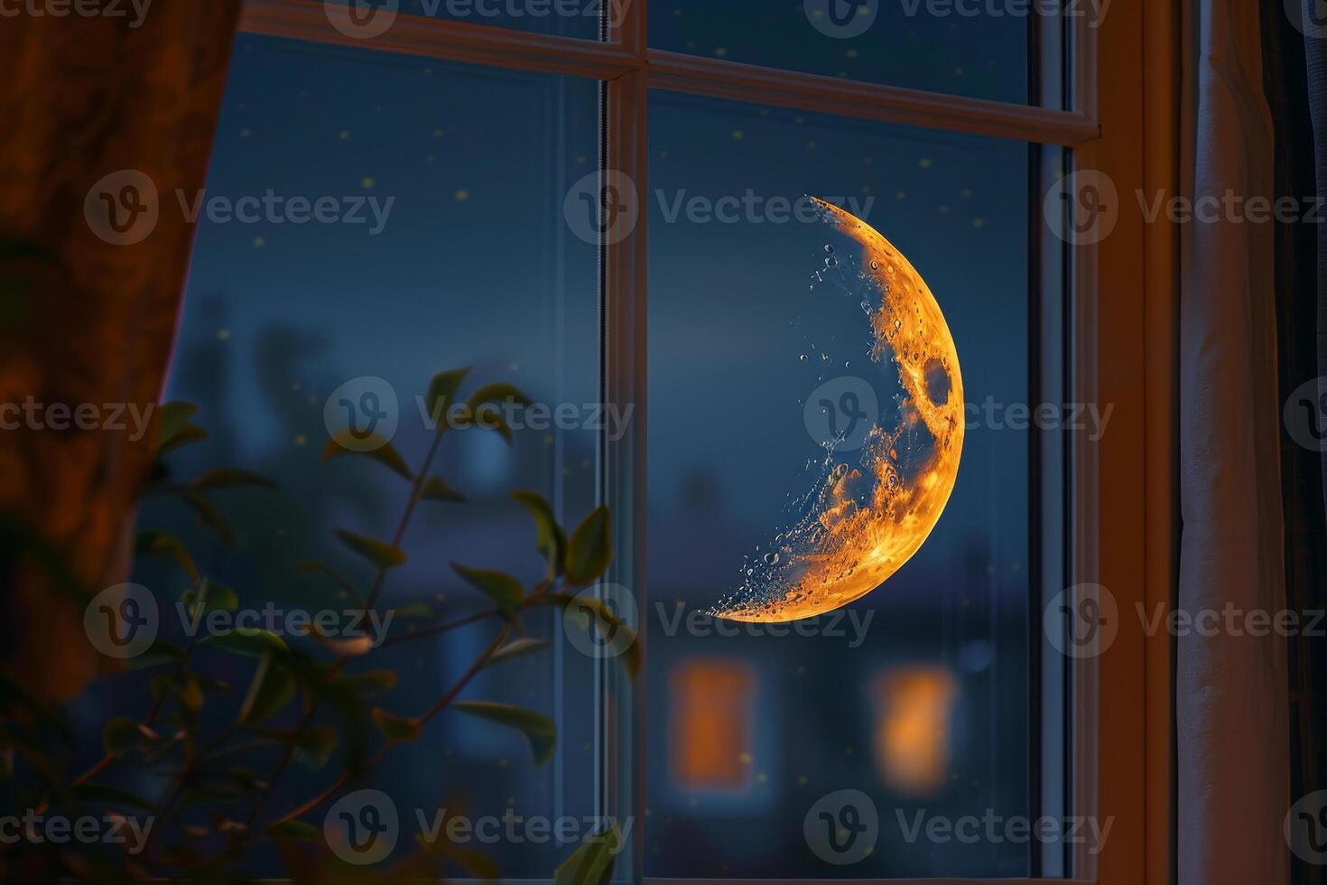 A captivating crescent moon emits a warm glow through a window, illuminating a quiet neighborhood at night, creating a tranquil and magical atmosphere photo