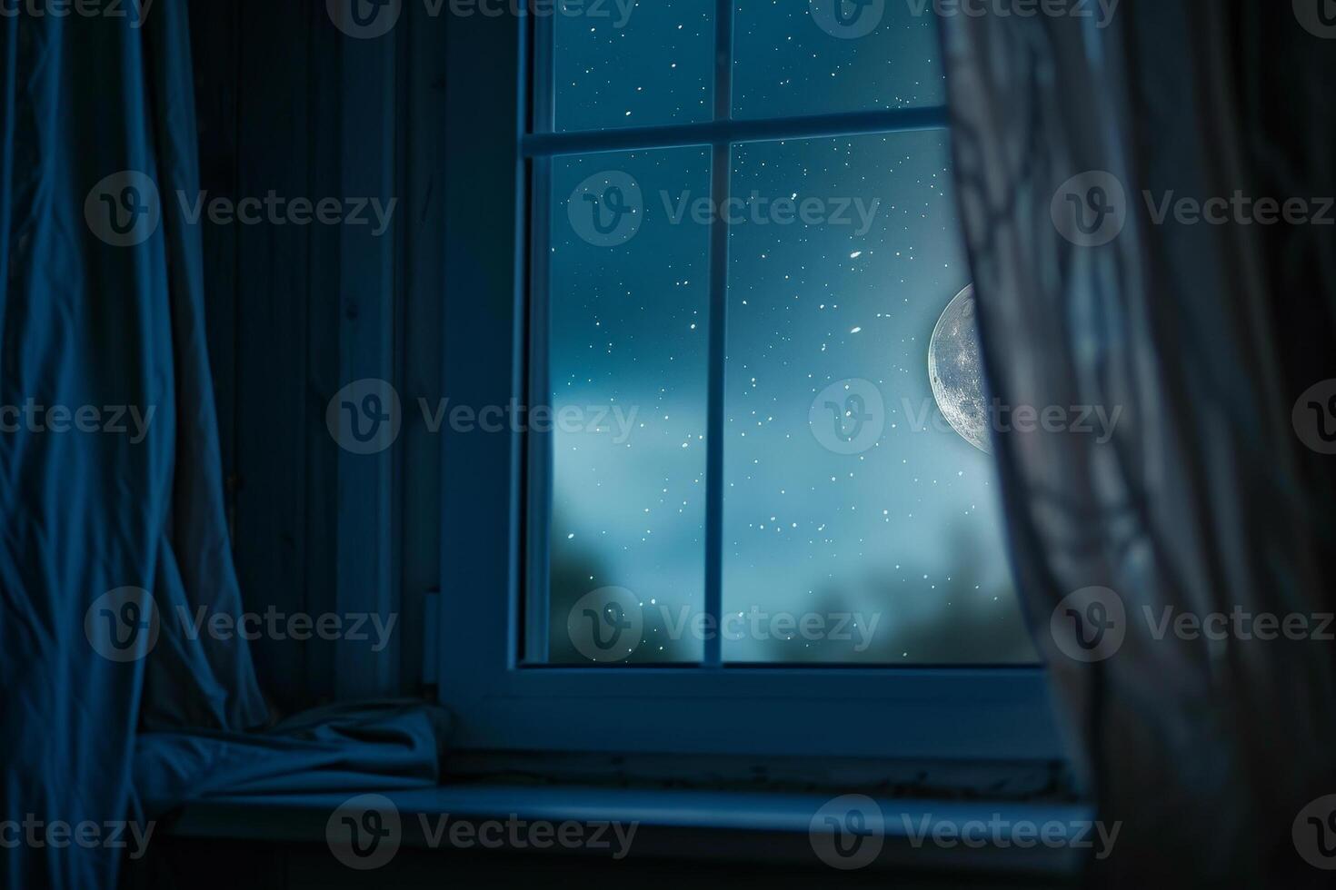 The view reveals a serene night with a glowing moon surrounded by stars, seen through a window adorned with soft, flowing curtains. The calm atmosphere invites reflection photo