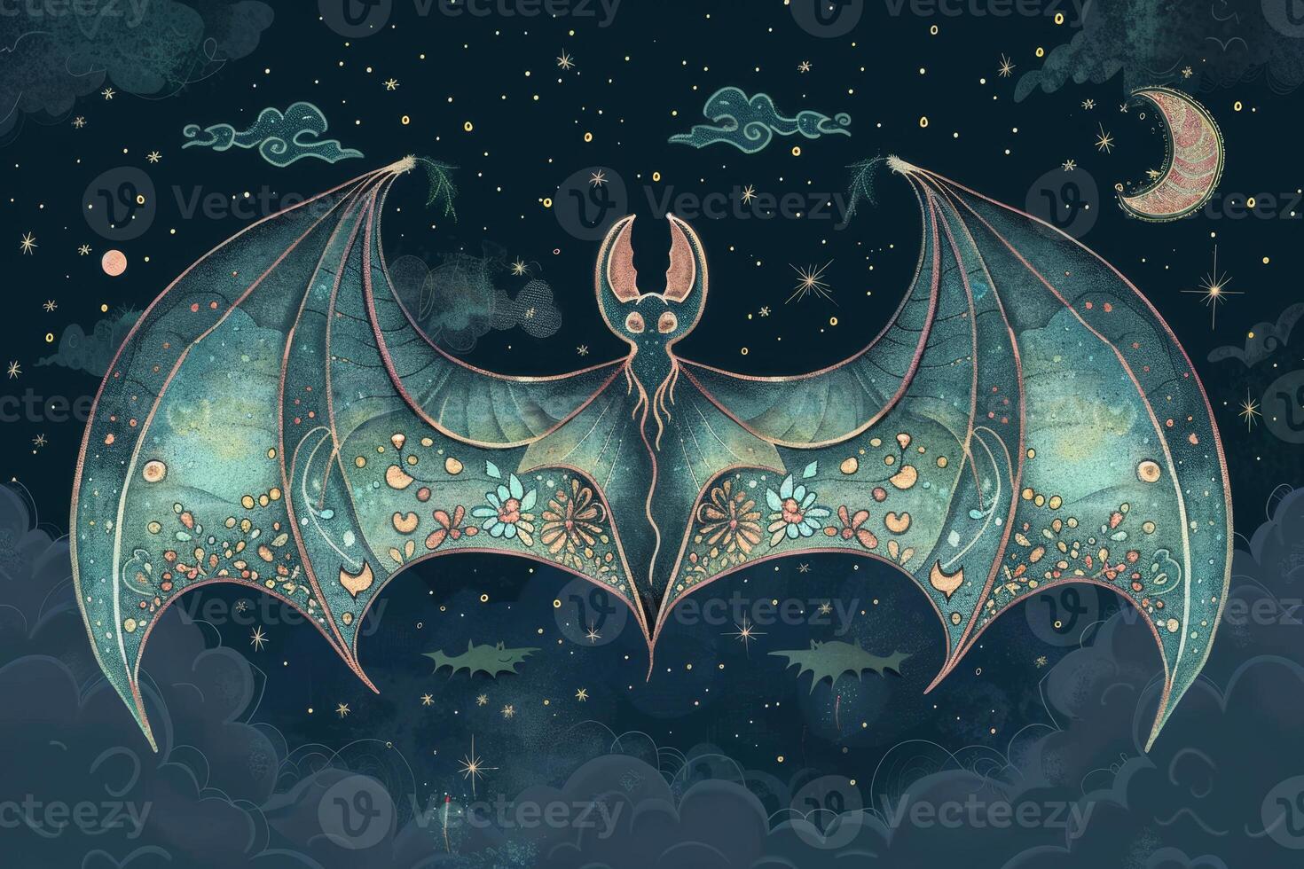 A colorful bat with intricate floral patterns flies through a night sky filled with stars and clouds, accompanied by a crescent moon in the background photo