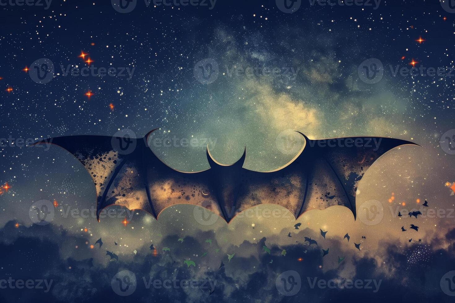 A dark bat gracefully soars across the night sky, surrounded by a tapestry of stars and vibrant nebulae, creating a mystical cosmic ambiance that captivates the eye photo