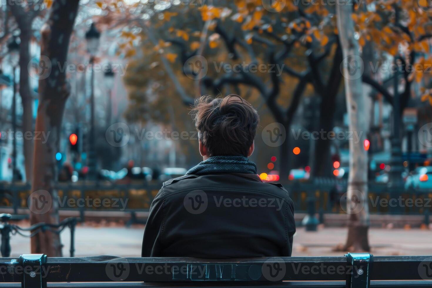 A man sits alone on a bench, gazing out at a vibrant autumn park filled with trees. The city lights begin to glow as dusk approaches, creating a calm atmosphere photo