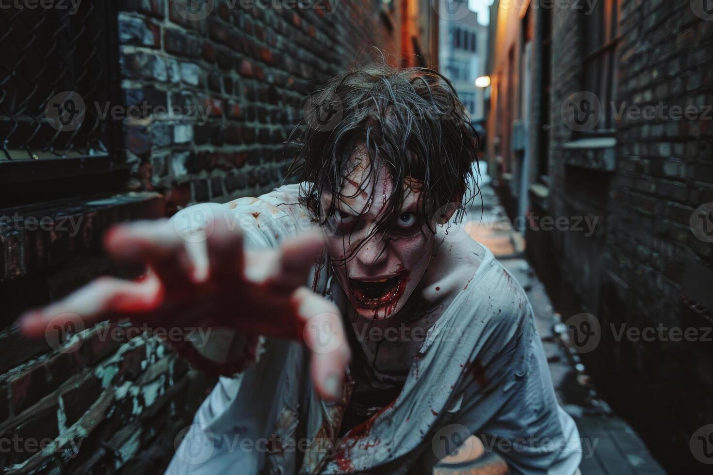 A frightening figure with disheveled hair and blood-stained clothes reaches out from a dark alleyway at dusk, creating an unsettling atmosphere in the urban environment photo