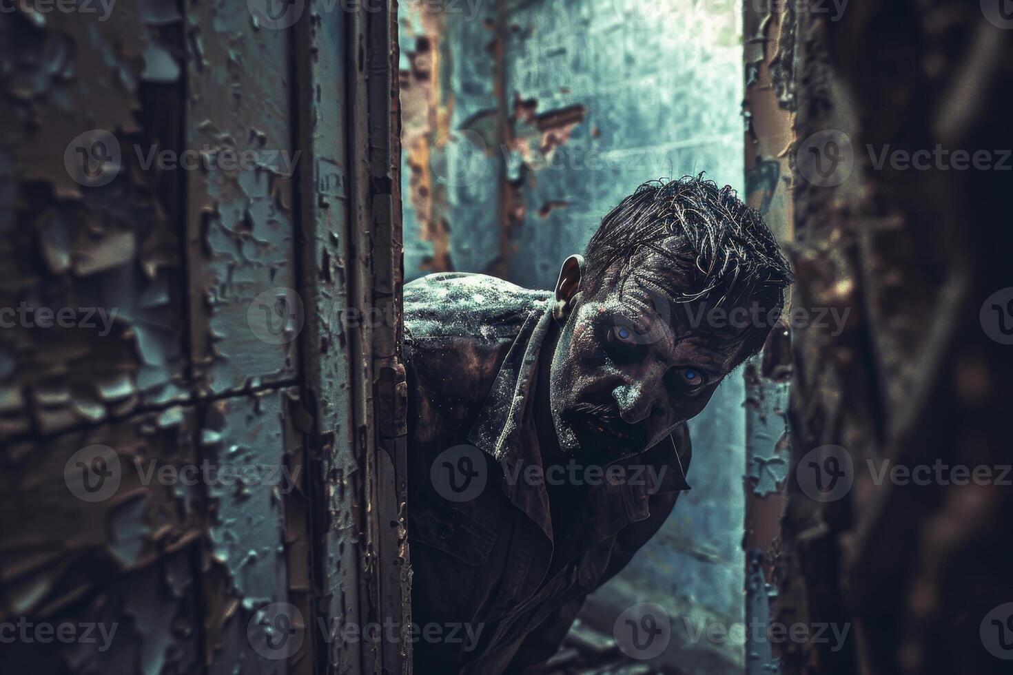 In a dimly lit, rundown corridor, a dirty and disheveled man looks out, embodying both fear and curiosity as he navigates the desolate surroundings of decay photo
