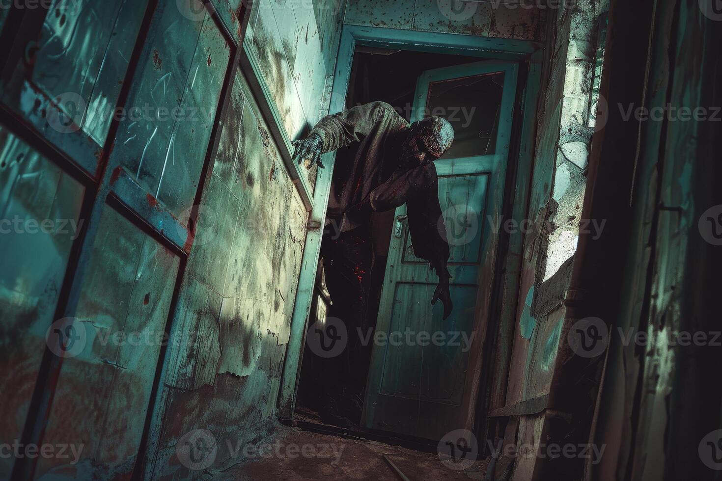 A haunting figure stands at the threshold of a decaying room, surrounded by eerie shadows and worn walls. The atmosphere is unsettling, evoking a sense of dread photo