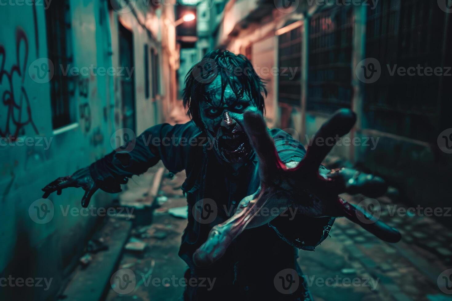 A terrifying zombie stands in a narrow alley, grasping forward with a bloodied hand. The dim lighting enhances the eerie atmosphere of urban decay surrounding it photo