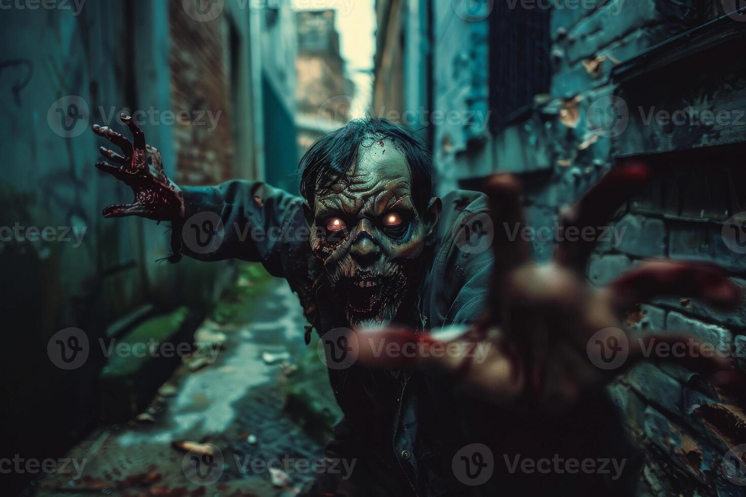 A terrifying zombie stumbles out of a narrow, dimly lit alley, its ghastly face illuminated by faint light as it reaches out with rotting hands in pursuit photo