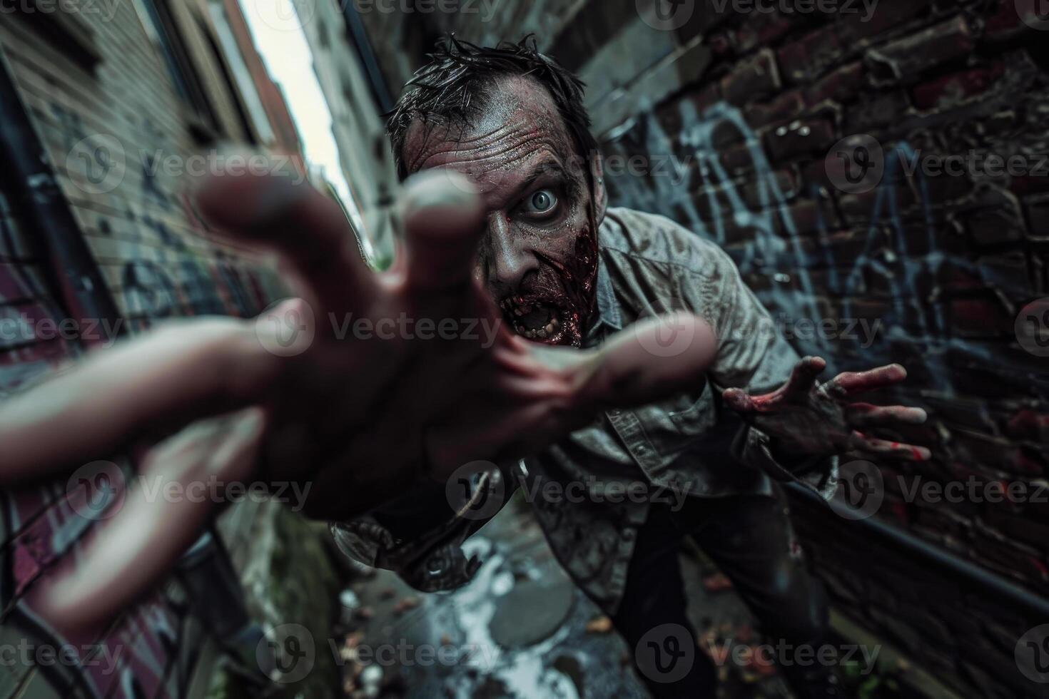 A disheveled zombie with intense eyes and a ghastly appearance stretches out its arm from a shadowy alley, creating a chilling atmosphere at night photo