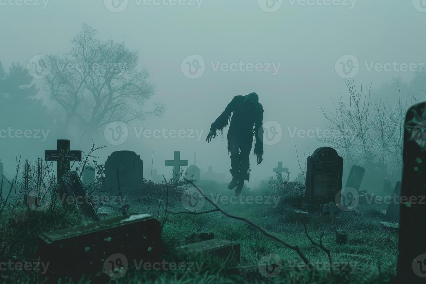 A cloaked figure glides through a misty graveyard at dusk, surrounded by crumbling headstones and twisted branches, creating a haunting atmosphere photo
