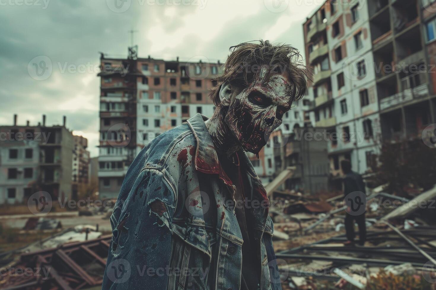 A ghastly zombie with a skeletal face and torn clothing wanders through an abandoned construction site filled with debris under ominous skies photo
