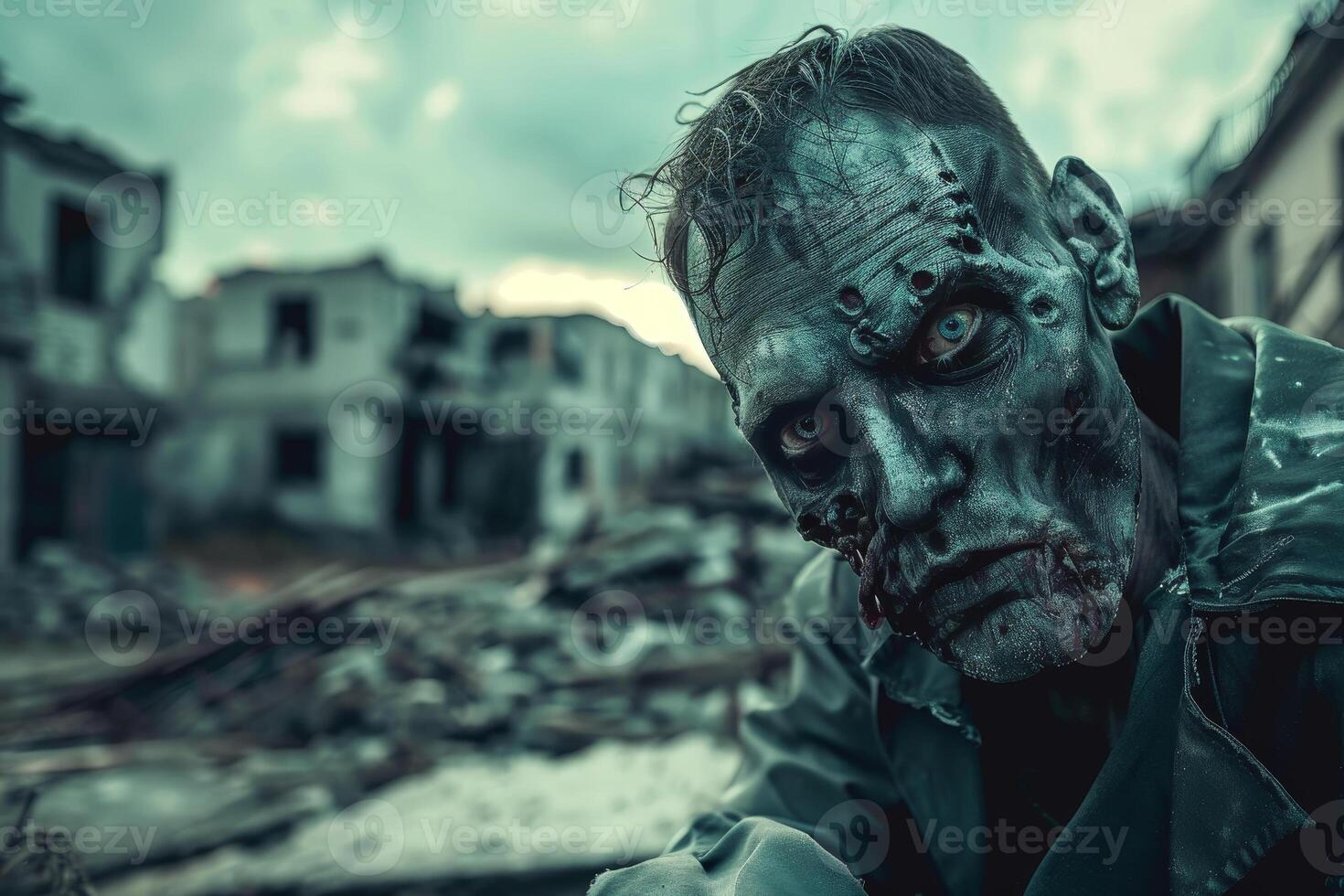 The zombie stands hauntingly in a deserted area, showcasing its decaying features and eerie expression against a backdrop of ruined buildings under a cloudy sky photo