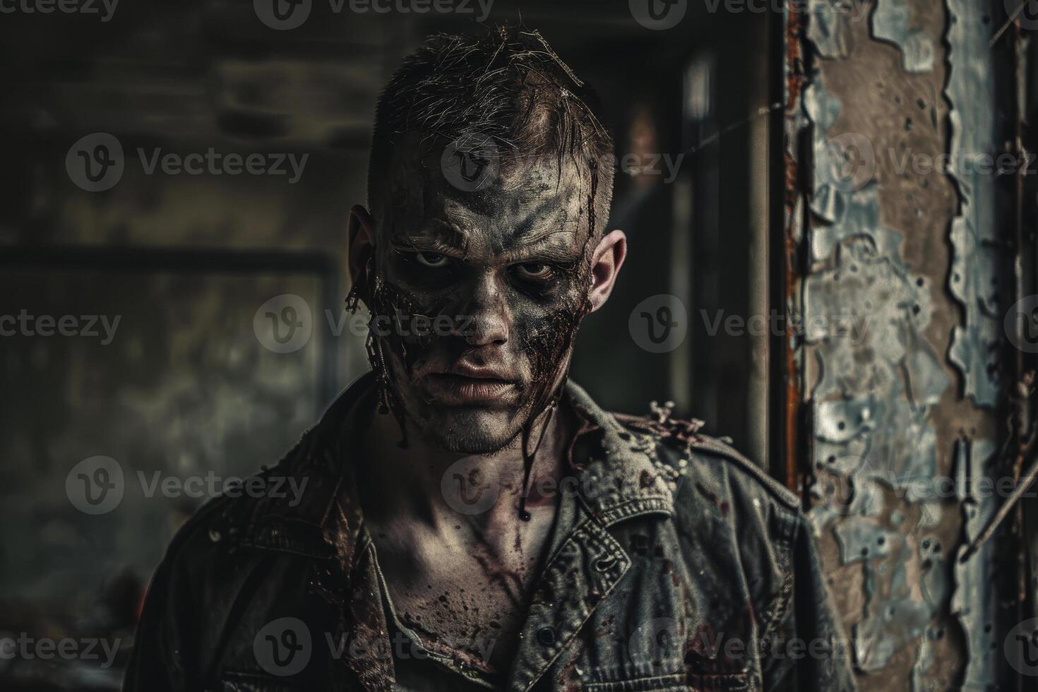 A figure with a weathered, haunting appearance looms in a dilapidated building. The eerie atmosphere contrasts with the strength of survival amidst decay photo