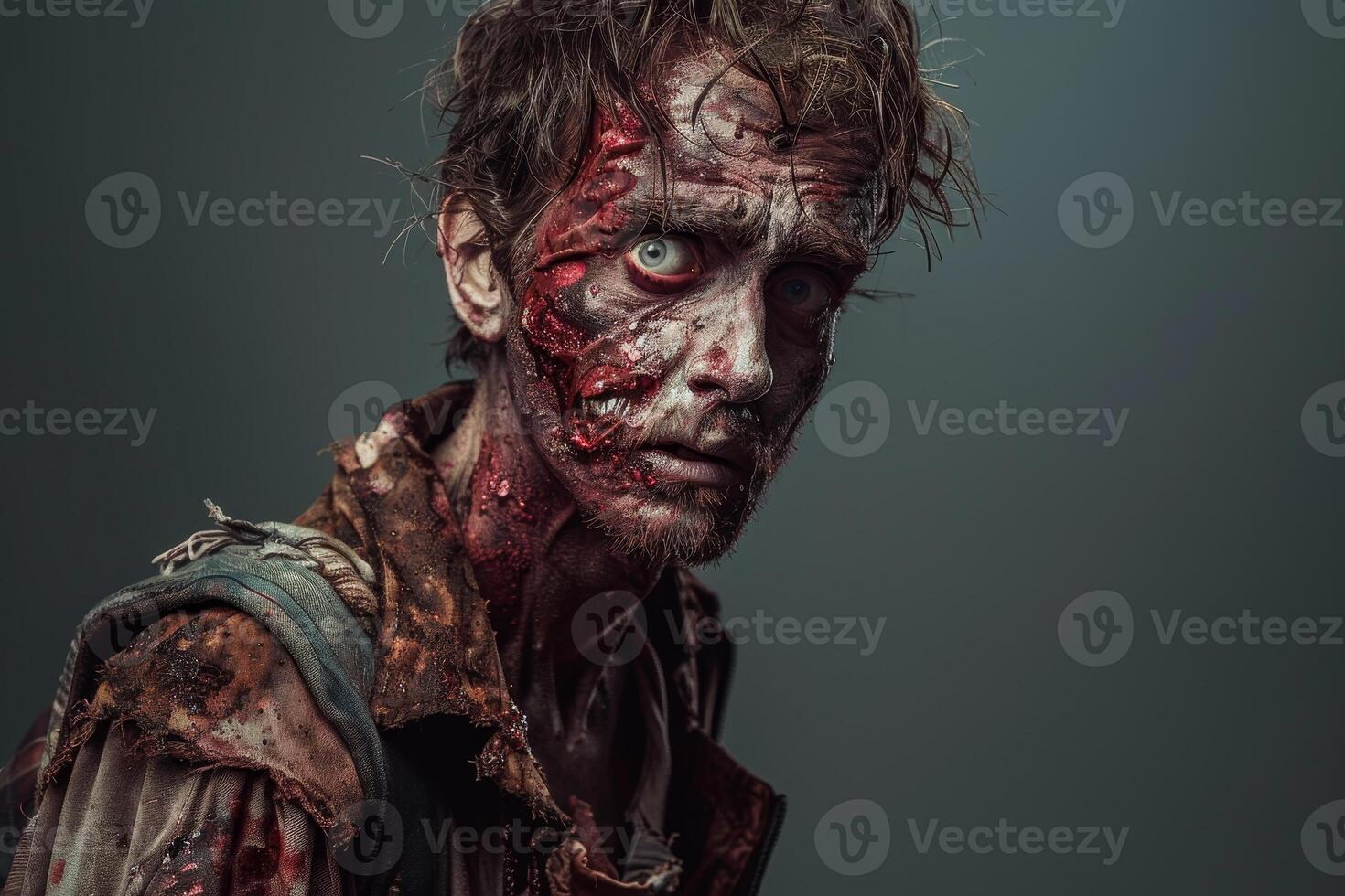 A haunting figure stands in grim attire, with contorted features and bloodied skin, capturing the essence of a zombie horror character in a chilling manner photo