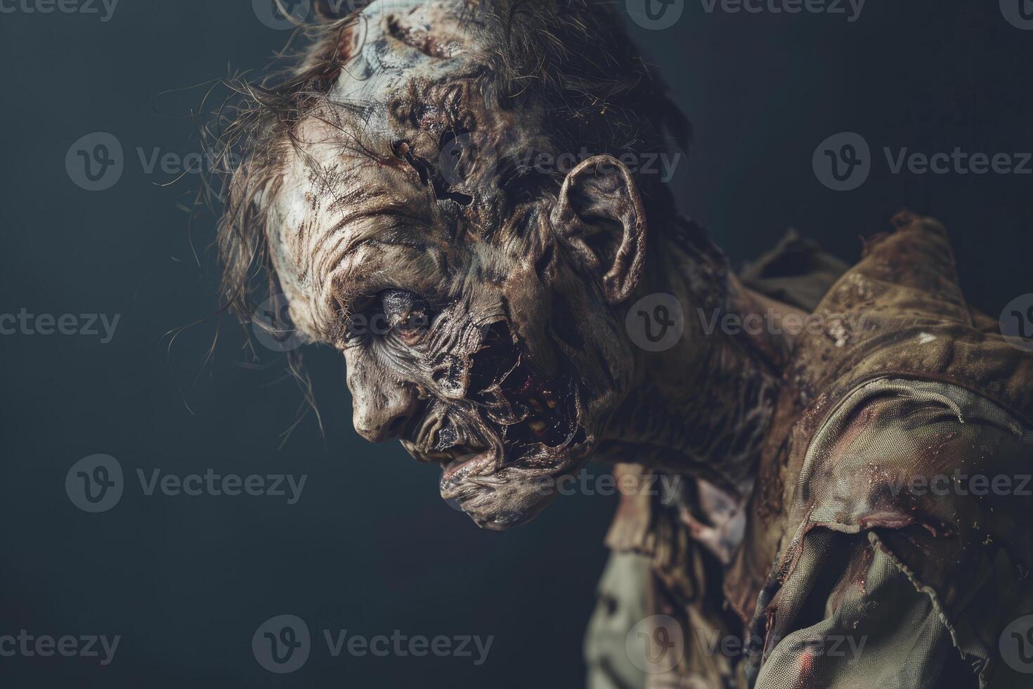 A hauntingly lifelike zombie figure stands in a shadowy environment, showcasing intricate details of decay and horror, evoking a chilling sense of fear photo