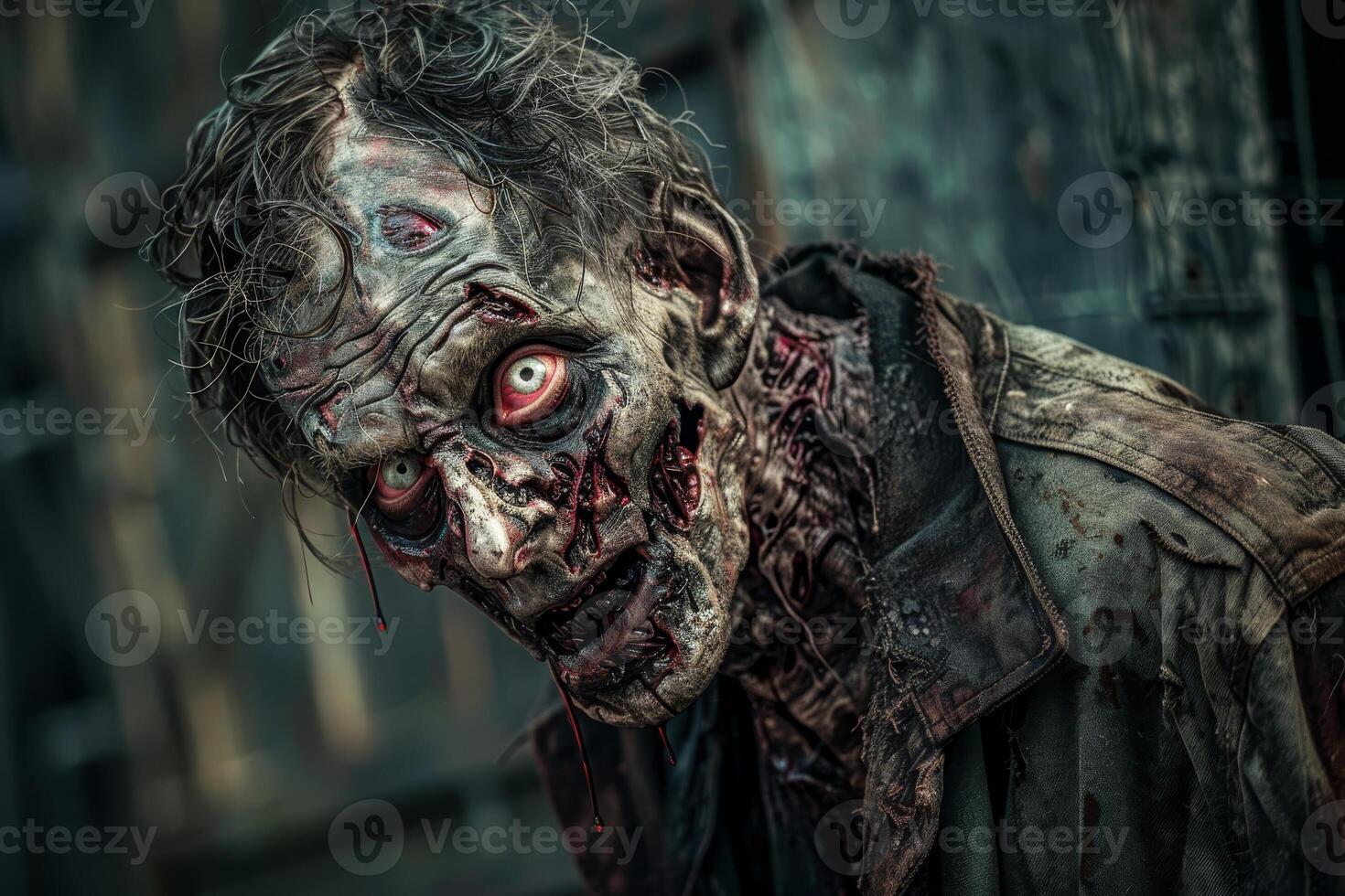 A decaying zombie stares menacingly with blank eyes, its skin weathered and torn, surrounded by a desolate urban landscape at twilight, evoking horror and unease photo