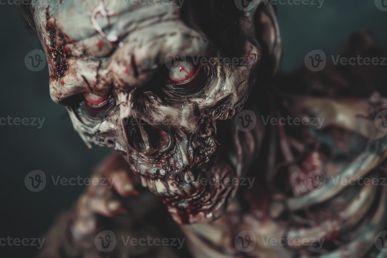 A close-up view reveals a lifelike zombie model with intricately detailed bones and bloodied skin, positioned in a low-lit atmosphere that enhances its eerie appearance photo