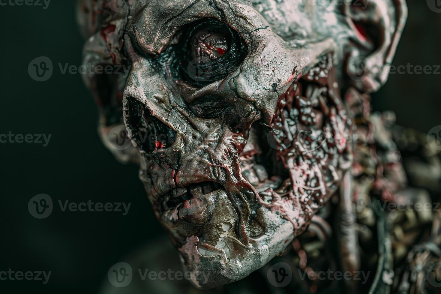 A close-up of a robotic skull, revealing its intricate design with mechanical parts, textures, and a haunting expression, illuminated in muted tones photo