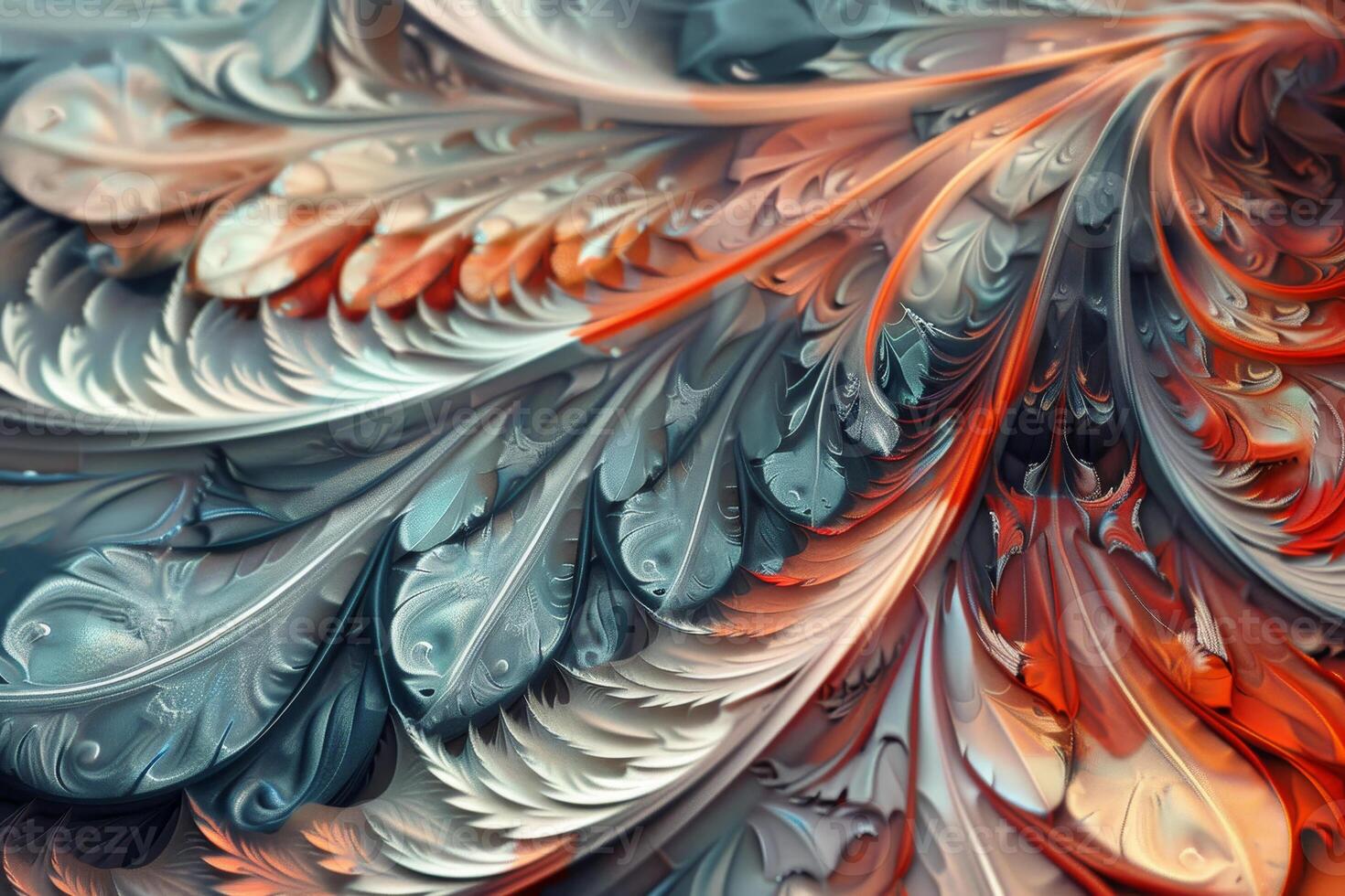 The artwork showcases a mesmerizing pattern of swirling feathers, blending warm and cool colors. The intricate details and fluid shapes create a captivating visual experience photo