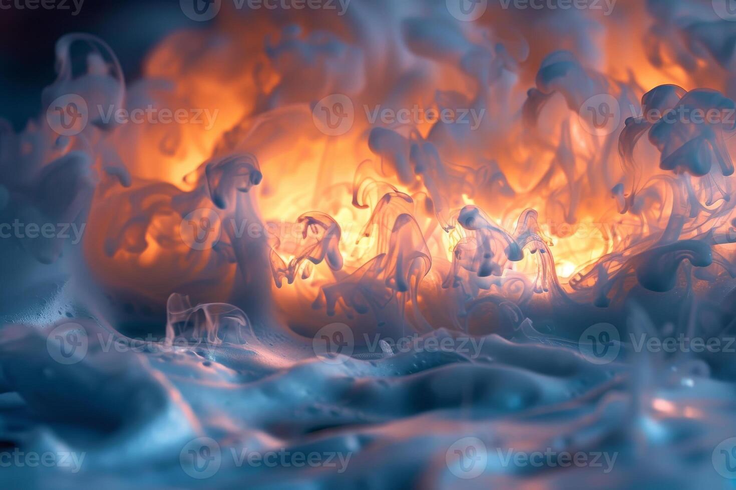 Bright flames flicker amidst billowing smoke, creating a stunning visual as heat and light dance together in a captivating nighttime environment photo