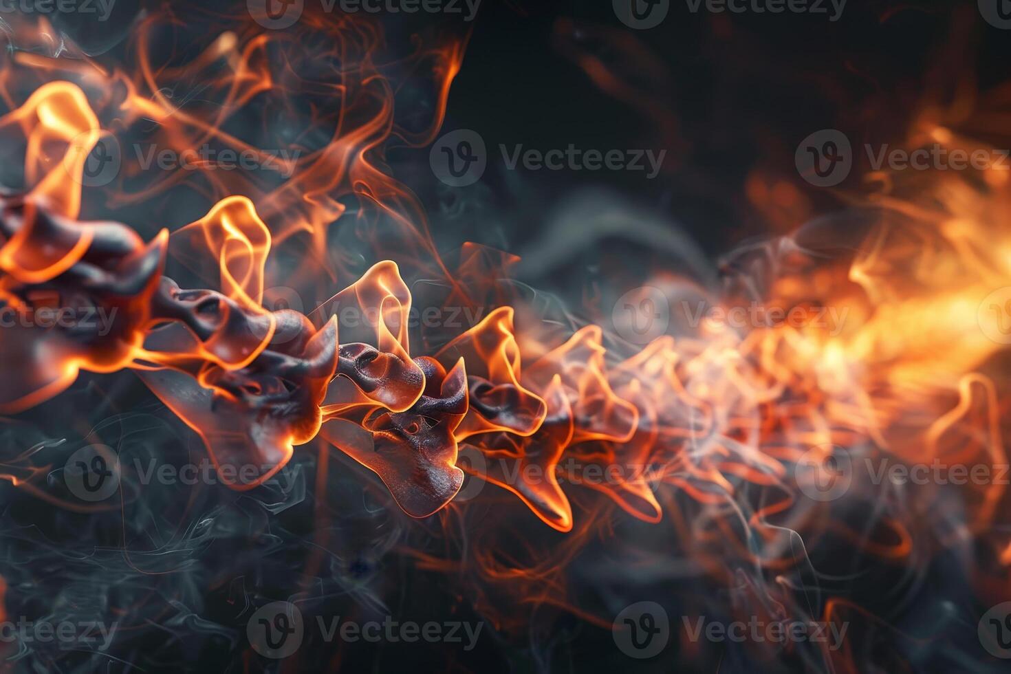 A vibrant depiction of a spine formed from fire trails intertwining with smoke, creating an energetic visual effect against a dark backdrop photo