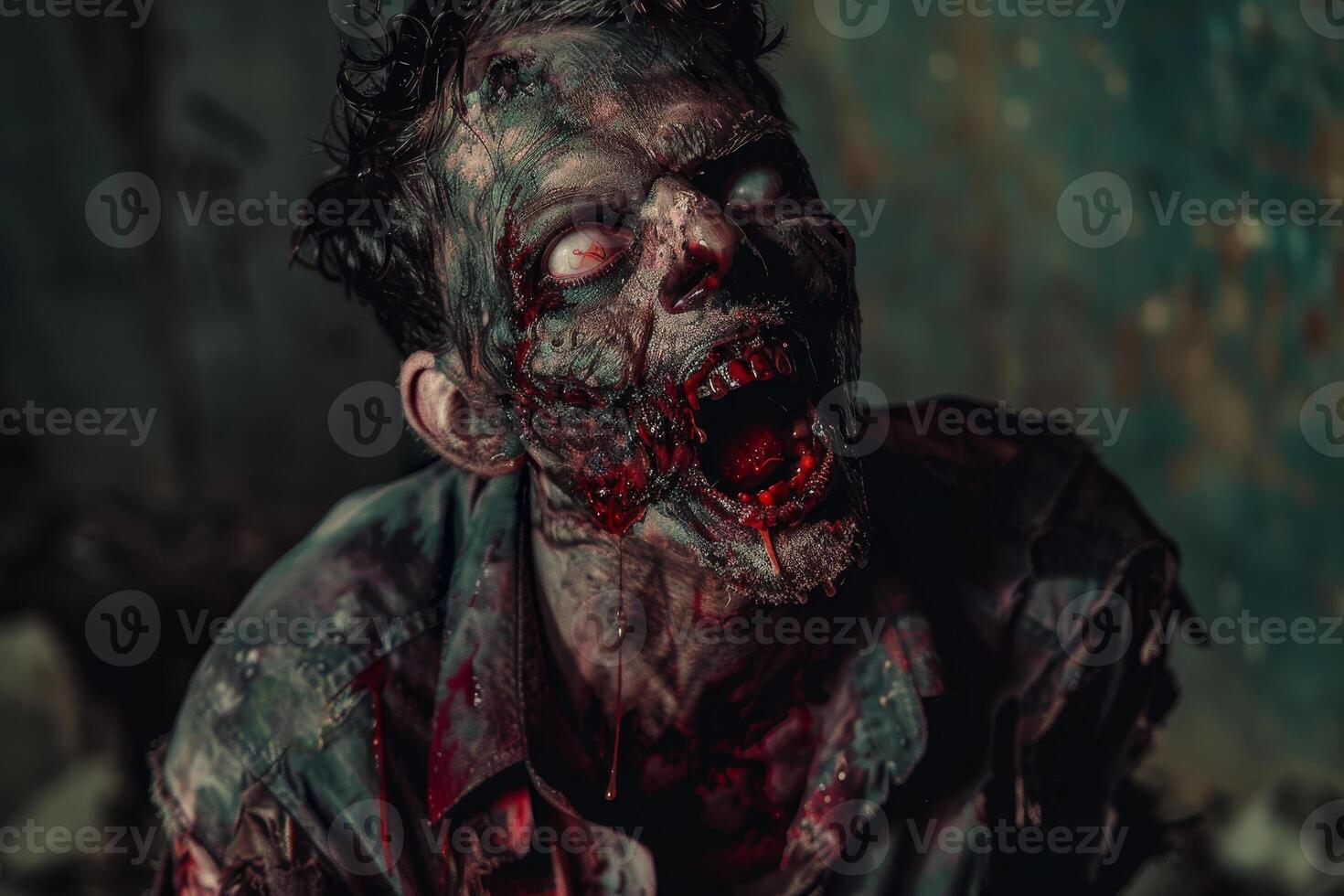 A gruesome zombie with blood and decay is depicted in an abandoned space, showcasing a chilling atmosphere filled with horror and suspense. The eerie detail captivates the viewer photo