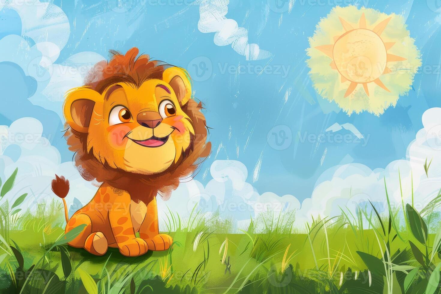 A cartoon lion is sitting in a grassy field with a bright sun in the background photo