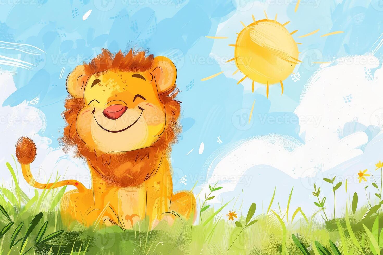 A cartoon lion is sitting in a field of grass, smiling and enjoying the sunshine photo