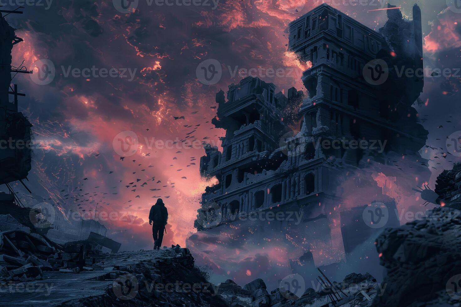 A man walks through a desolate landscape with a large building in the background photo