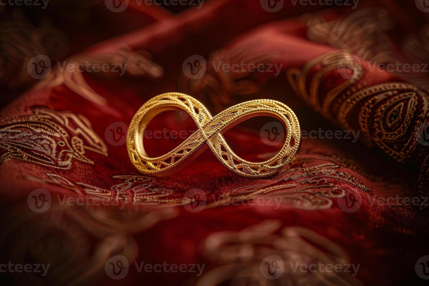 A gold and silver oval shaped piece of jewelry sits on a red cloth photo