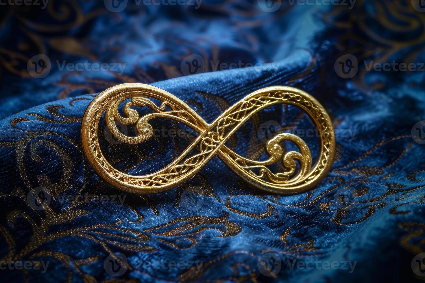 A gold and silver oval shaped pendant with a Celtic design sits on a blue cloth photo