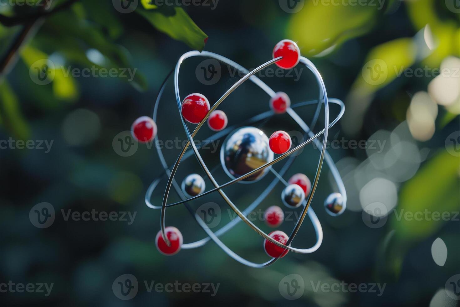 A metallic sphere with red and silver balls on it photo