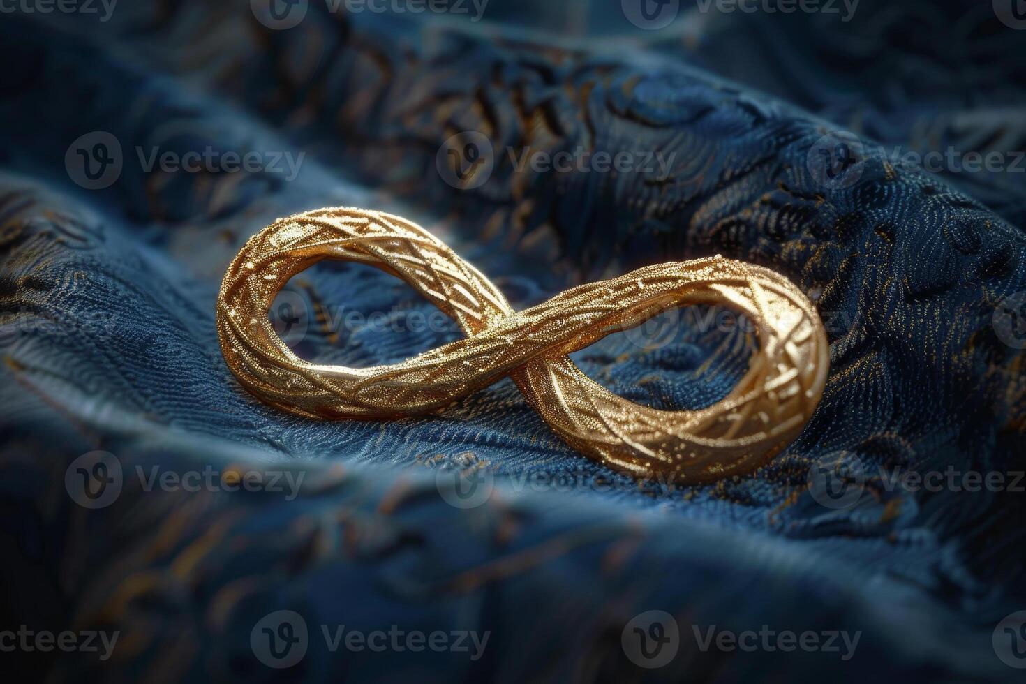 A gold and silver infinity symbol is on a blue cloth photo