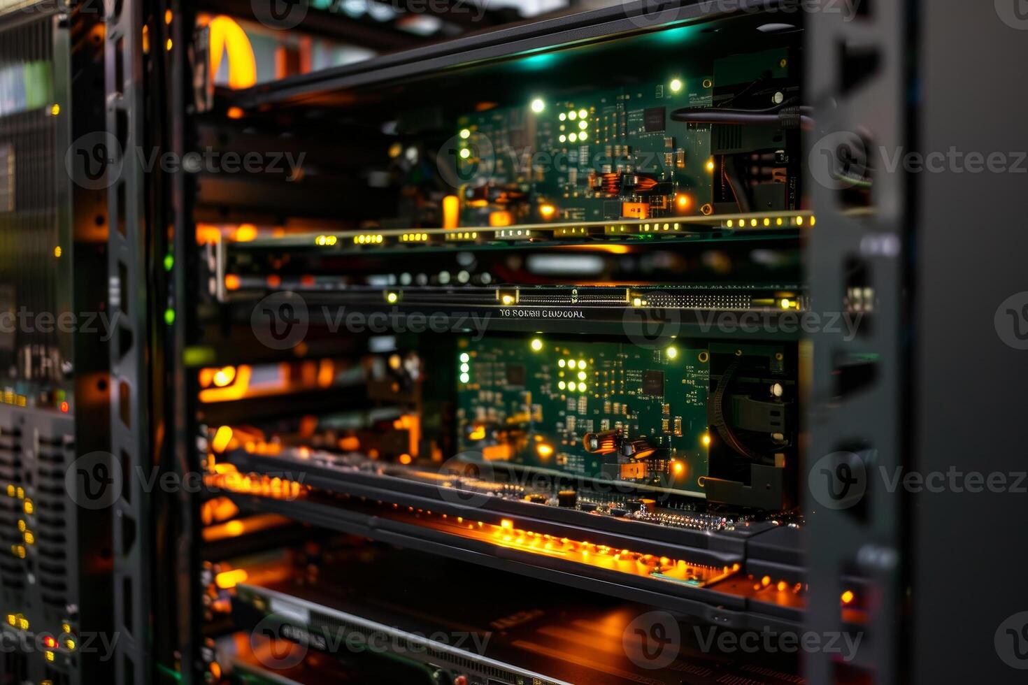 A row of computer servers with glowing lights on them photo