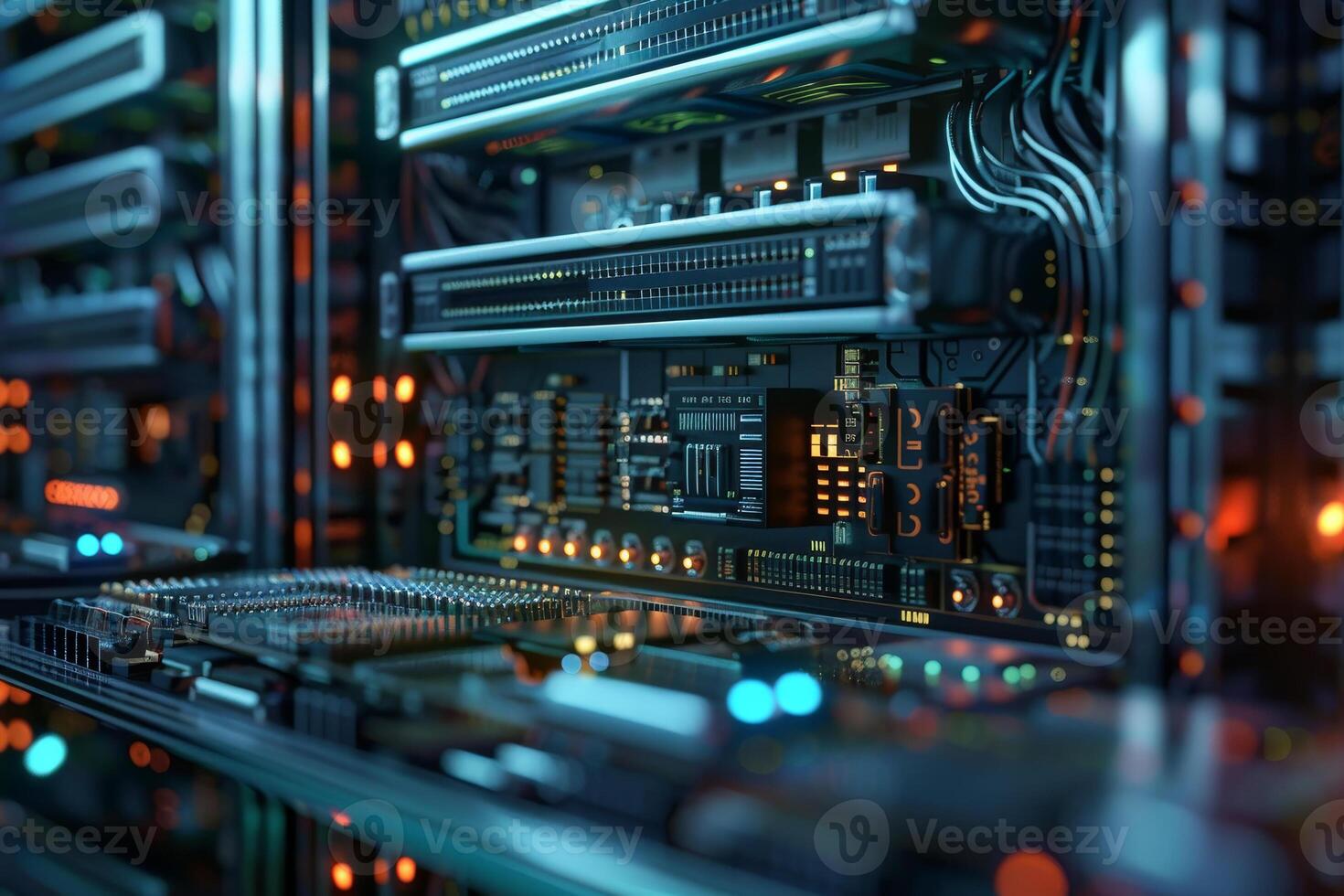 A computer server with many wires and lights photo