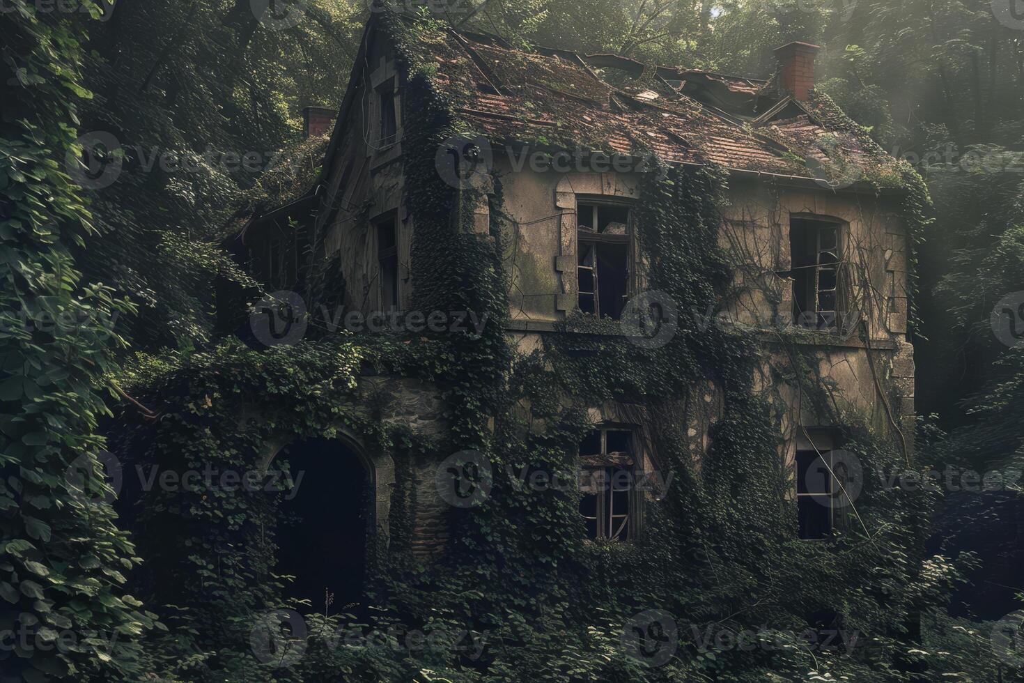 A house covered in vines and moss photo
