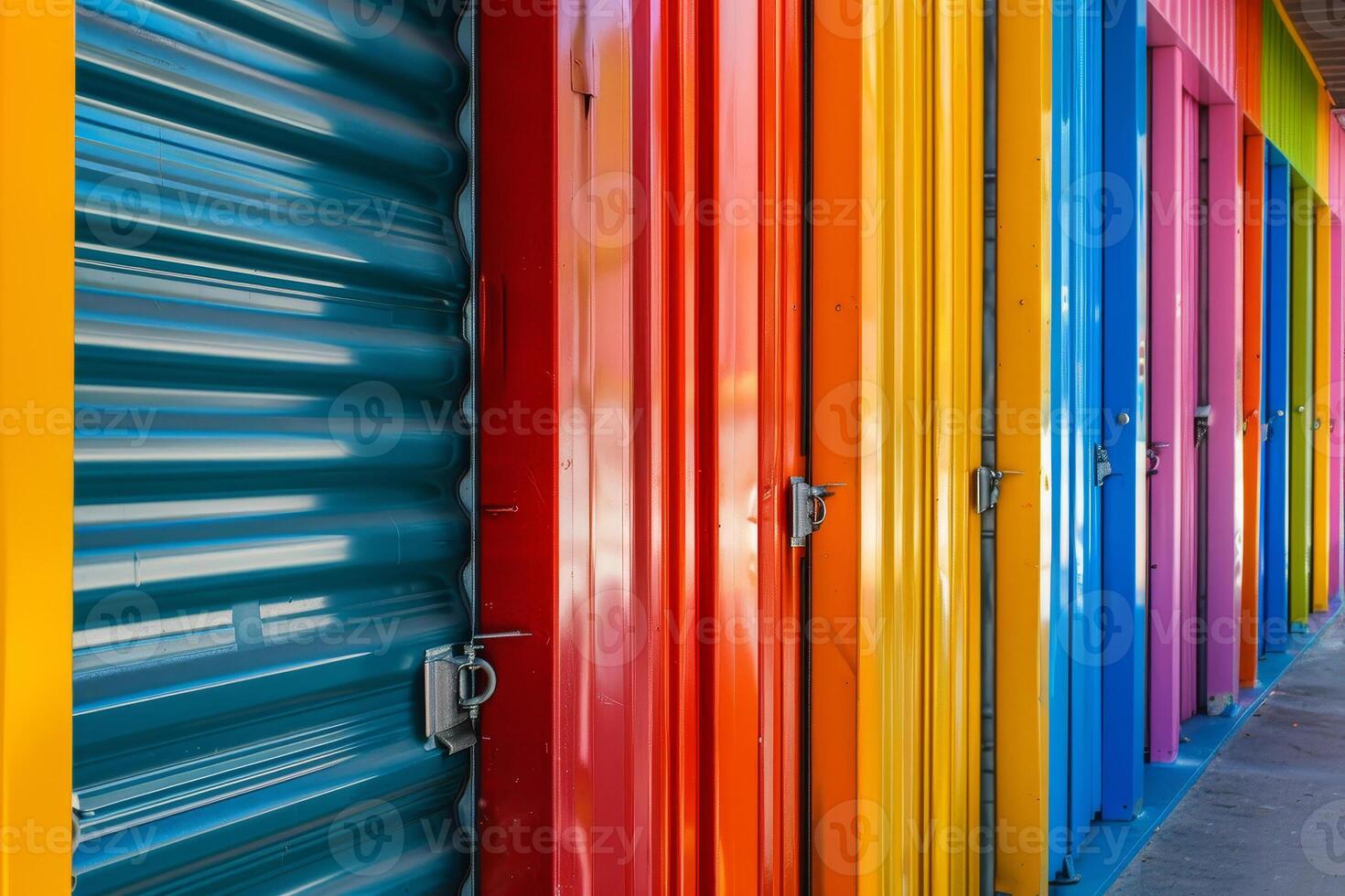 A row of colorful storage units photo