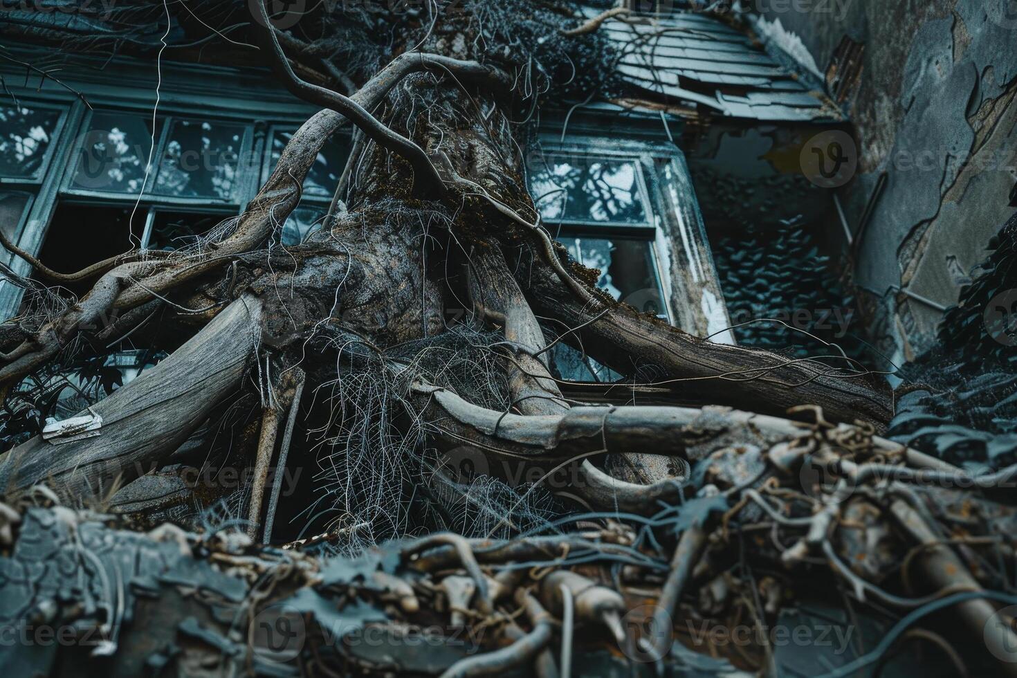A tree with roots growing out of a building photo