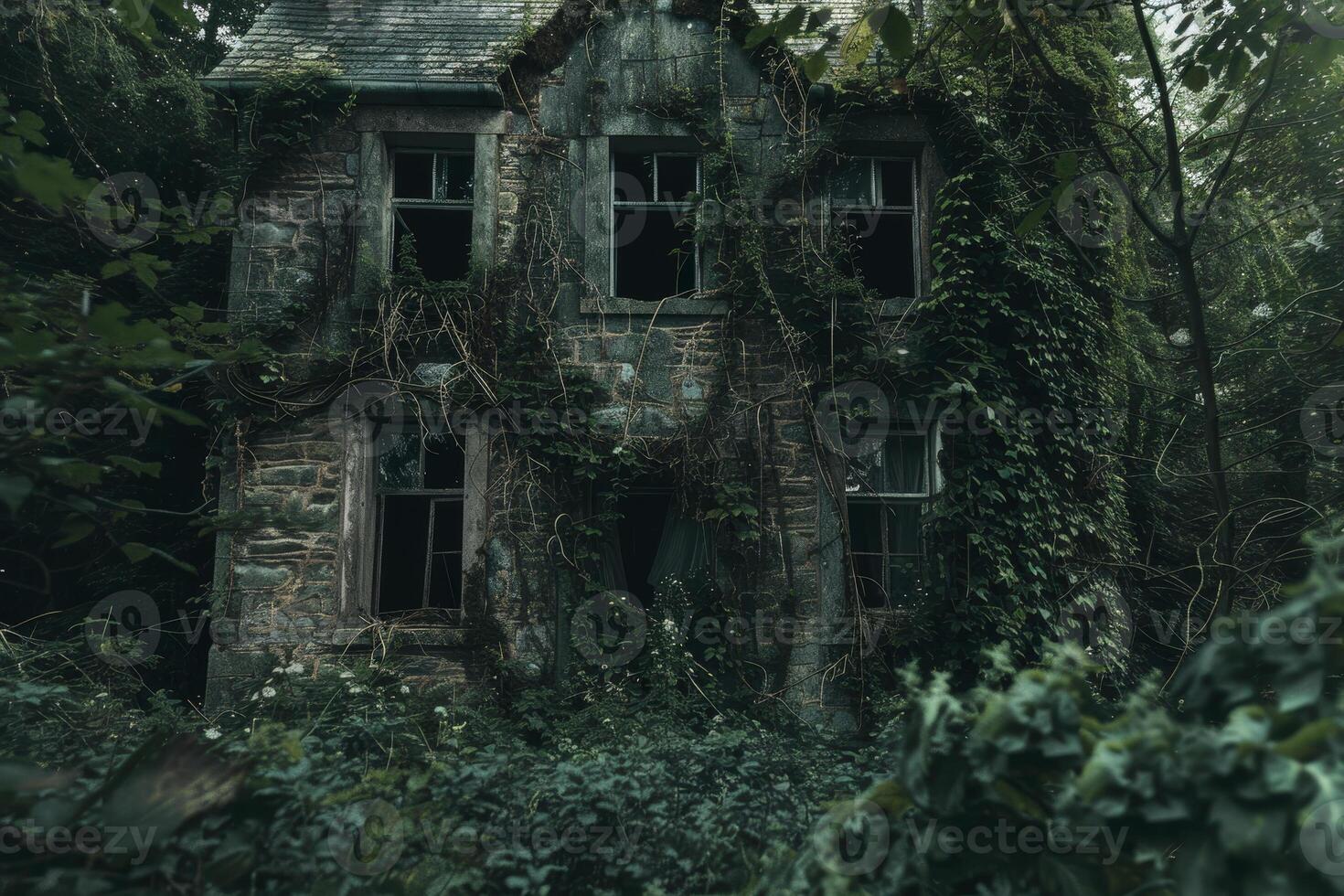 An abandoned house in the woods with vines growing over it photo