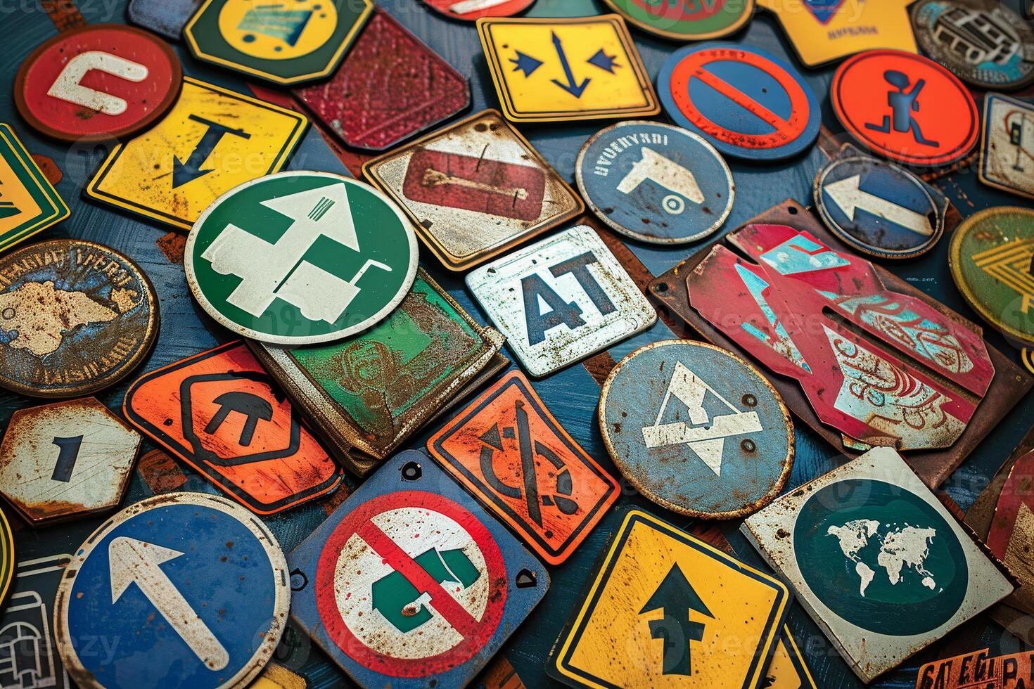 A collection of old and colorful road signs photo
