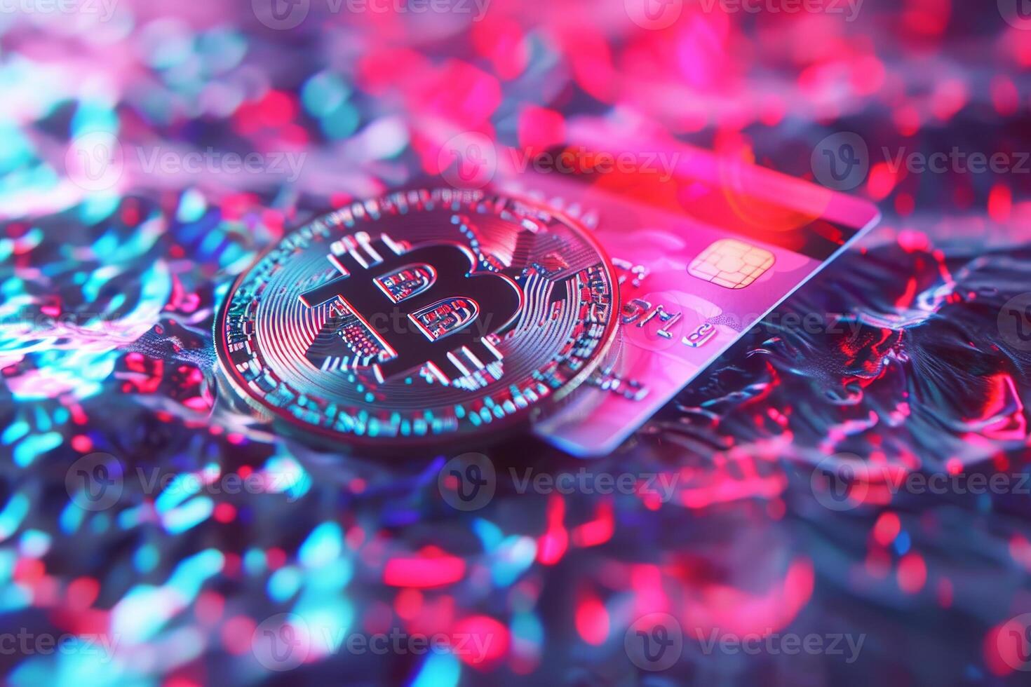 Bitcoin and credit card on glittery background photo