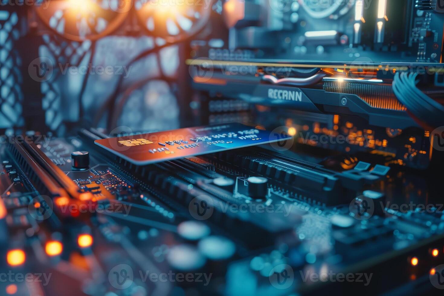 A computer motherboard with a credit card on it photo