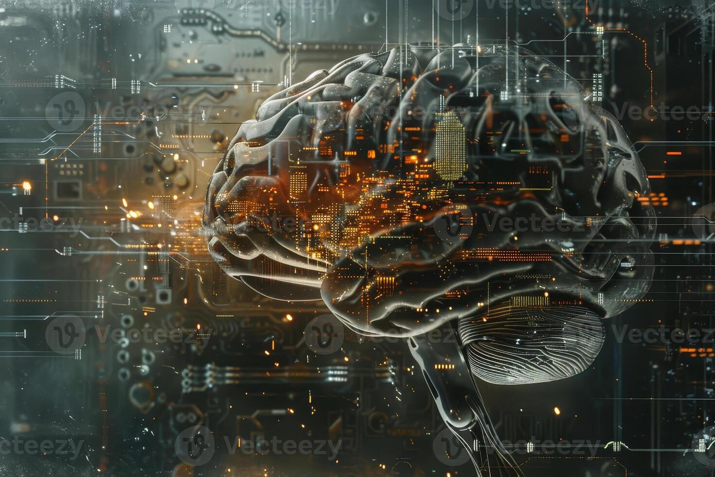 A brain is shown in a computer generated image with a city in the background photo