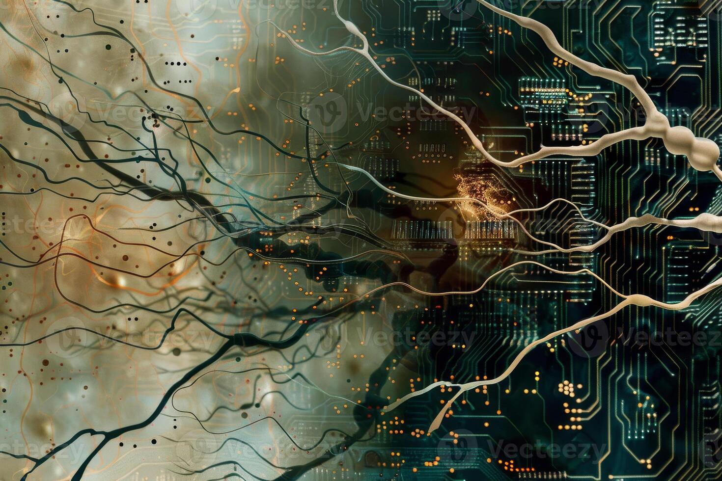 The image is a colorful abstract painting of computer circuitry and wires photo