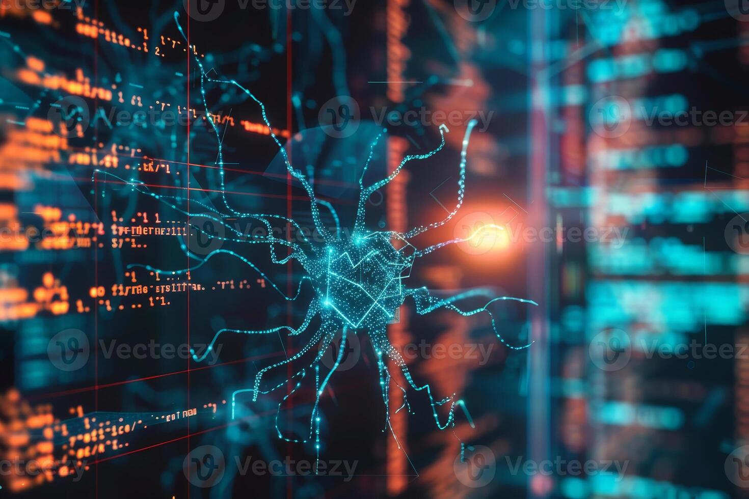 A computer screen shows a brain with a blue and orange glow photo