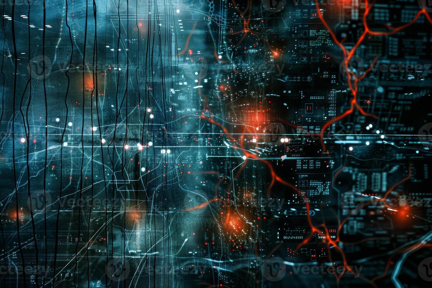 A computer generated image of a city with a blue background and red photo