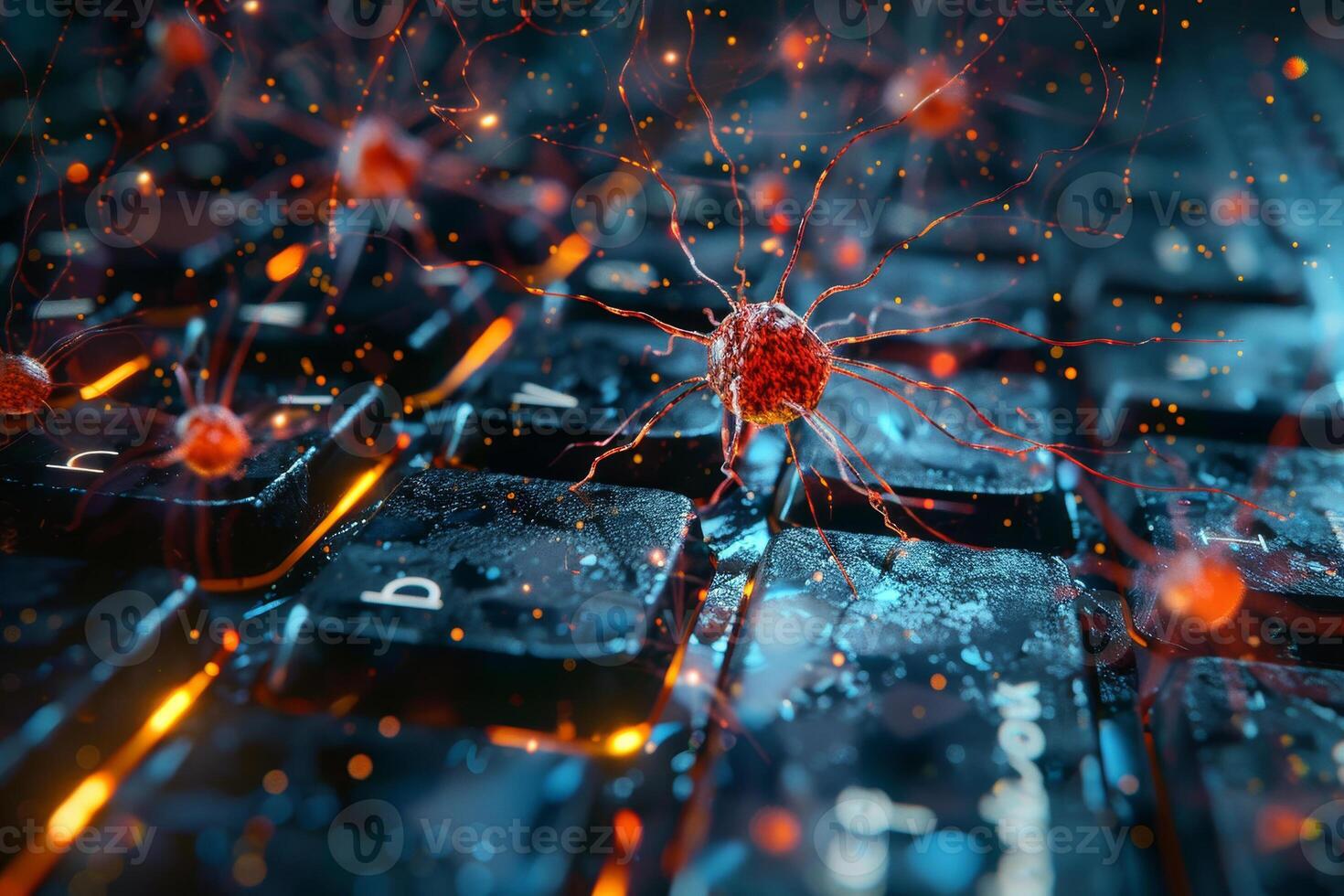 A computer keyboard with a red bug on it photo