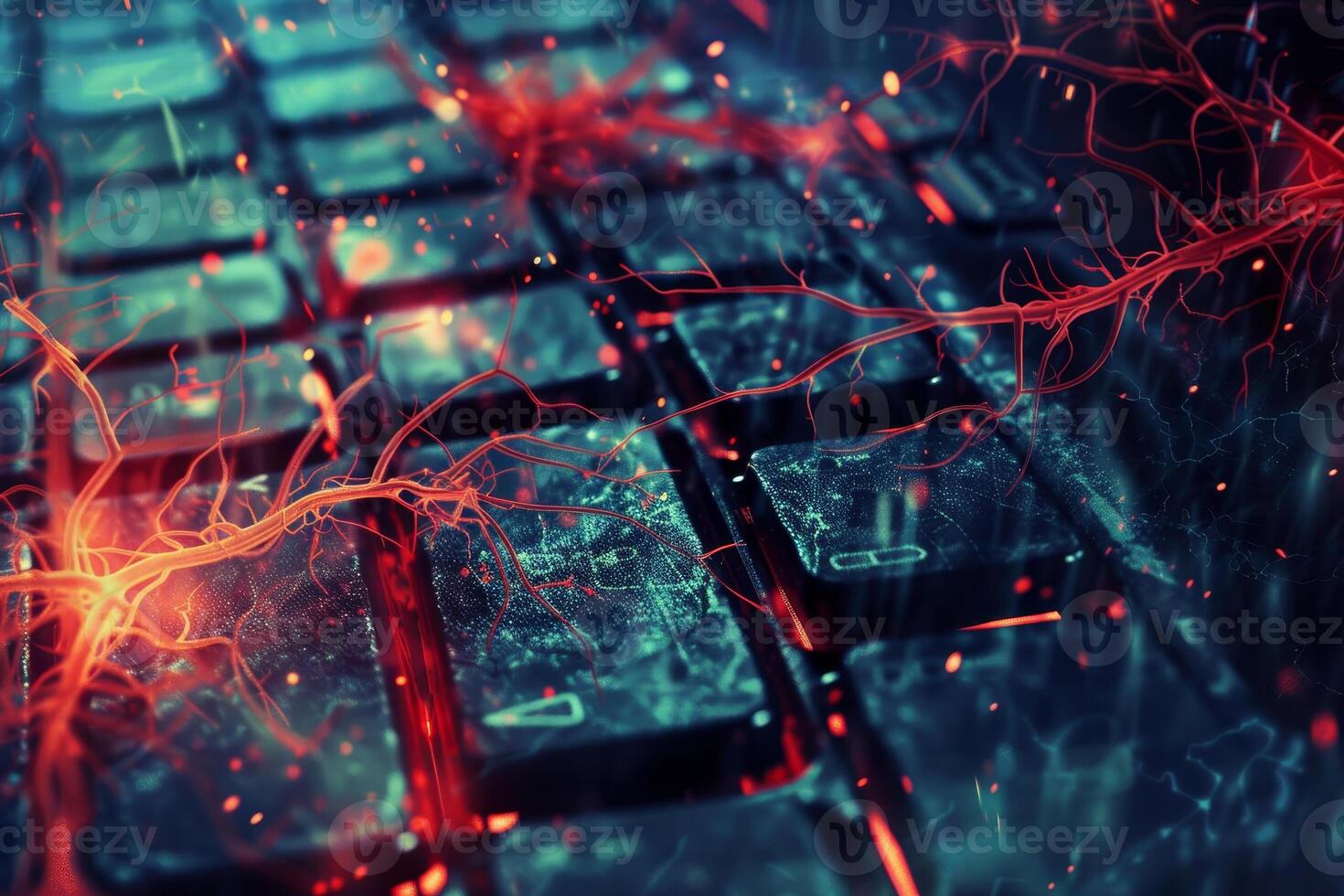 A close up of a keyboard with red and blue sparks photo