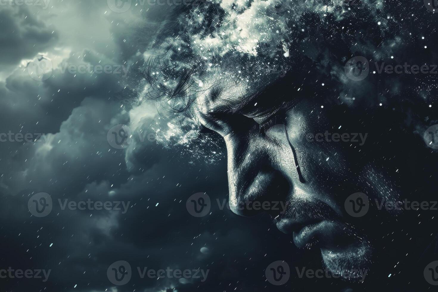 A man's face is shown in a dark, stormy sky photo