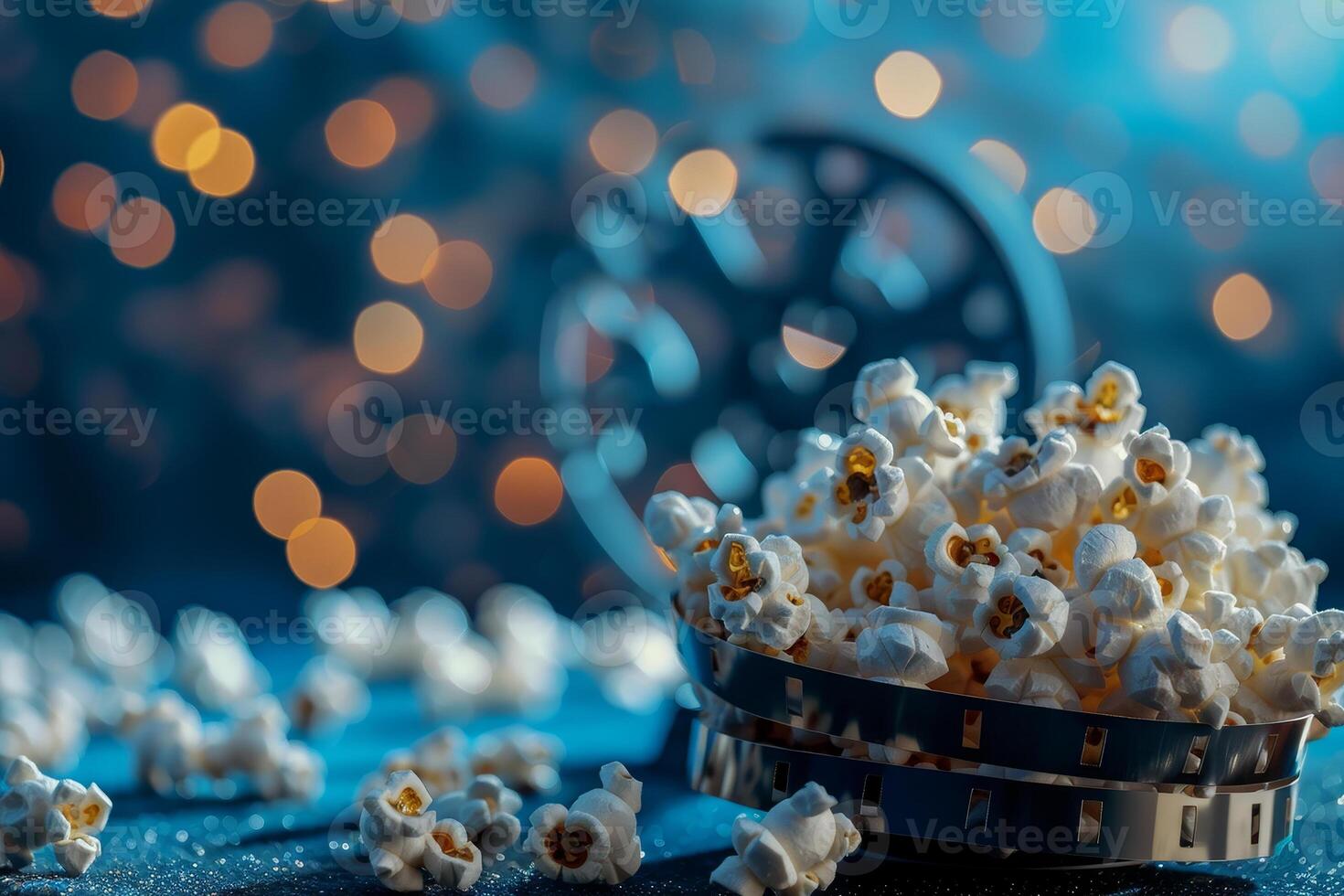 A bowl of popcorn is on a table with a film reel in the background photo