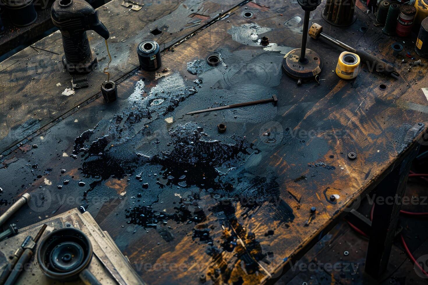 A table with a lot of tools and a lot of oil on it photo