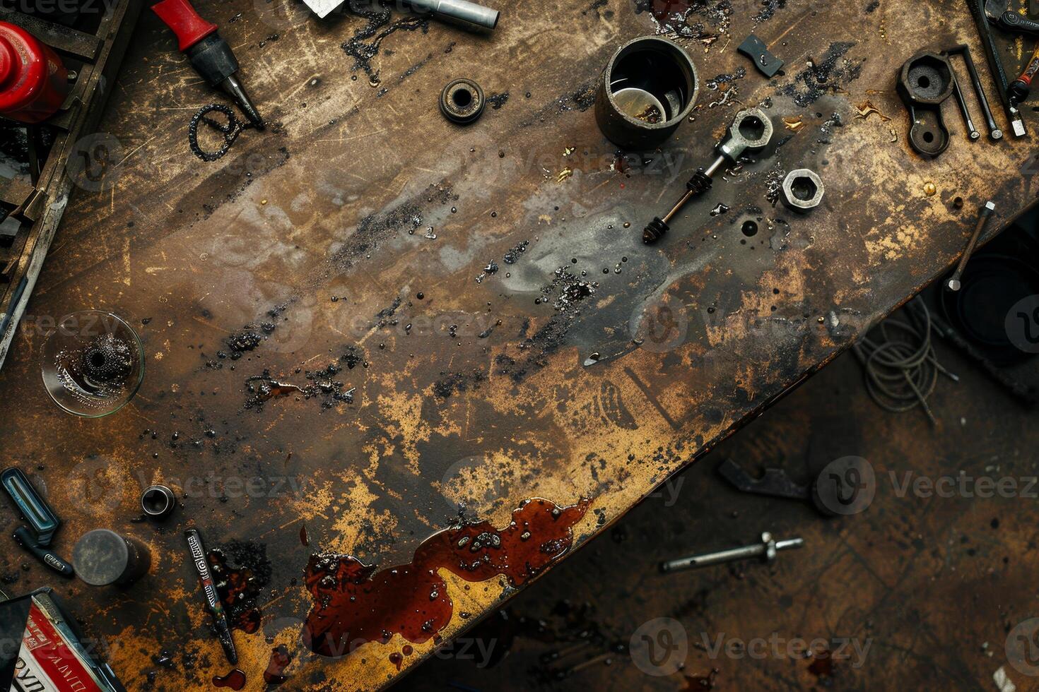 A table with tools and a red substance on it photo
